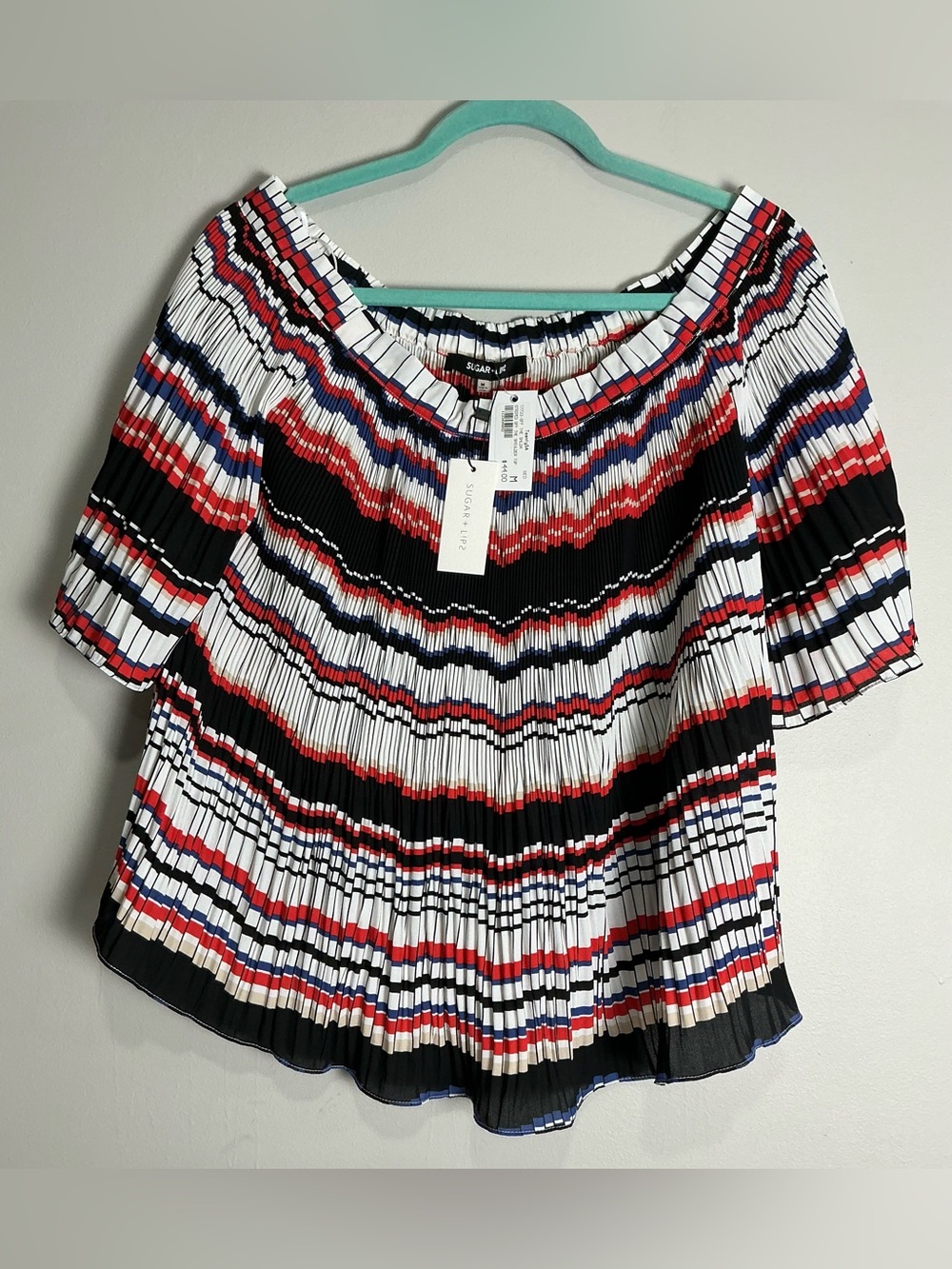 Sugarlips Red Black White Striped Pleated Off-Shoulder Blouse